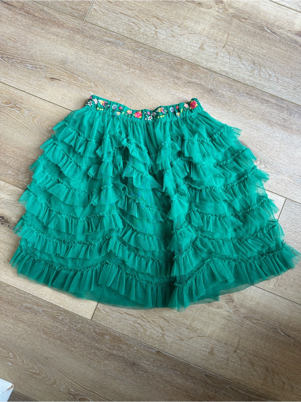 Mini Boden Emerald Green Layered Ruffle Tulle Skirt with Floral Waistband